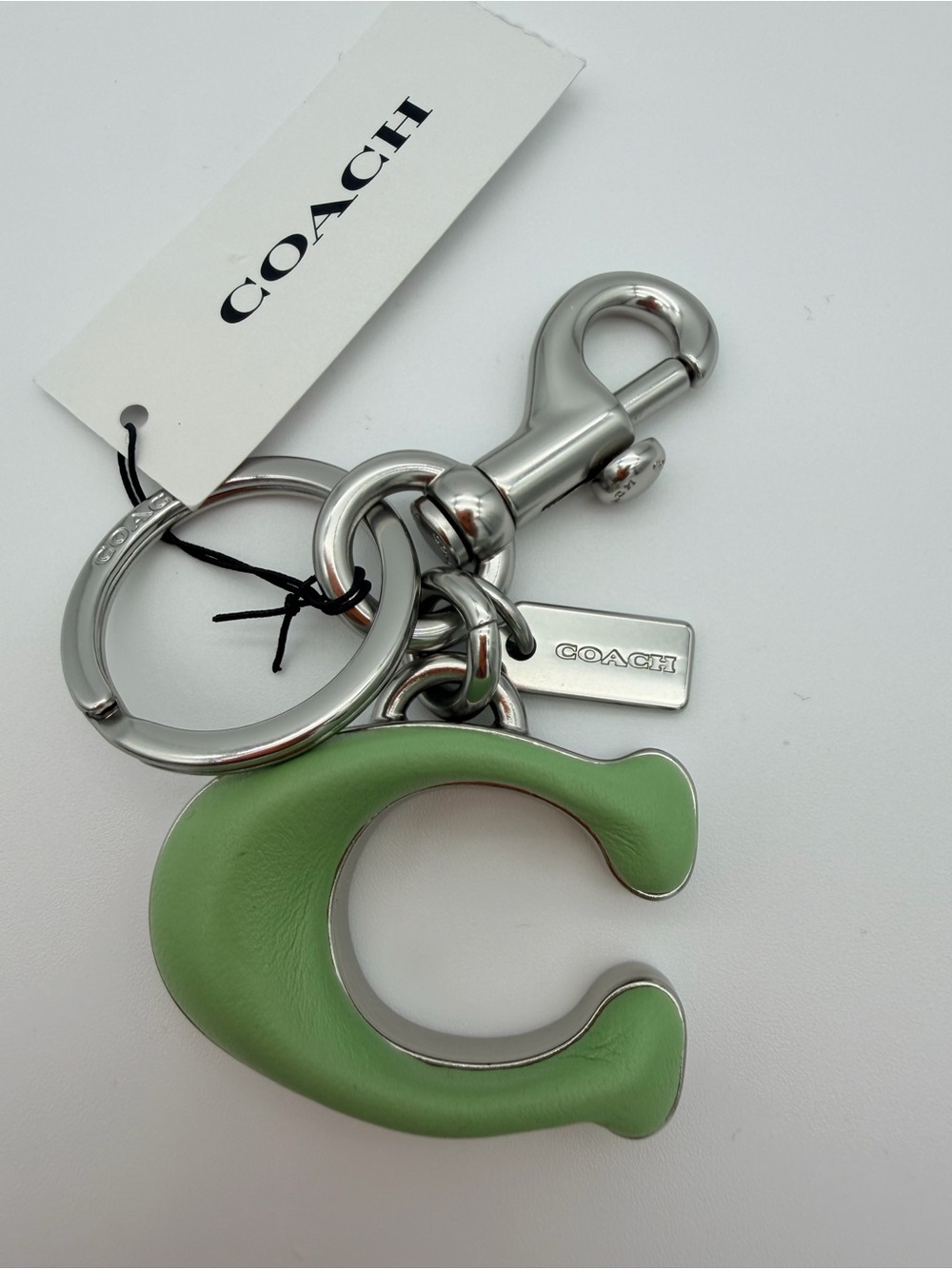 COACH Green Mint 'C' Leather Keyring Keychain Bag Charm Silver Hardware LHTY6
